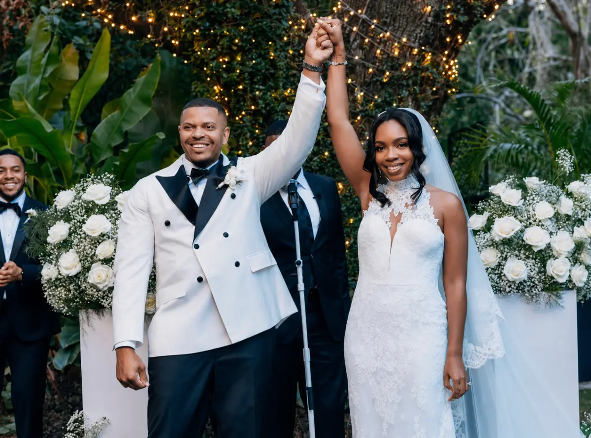 Bride and groom celebrating at wedding after grooming by Miami Mobile Barber