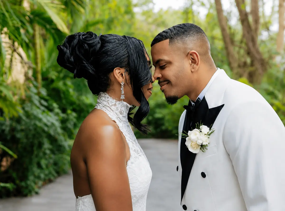 Bride and groom close-up portrait with groom haircut by Miami Mobile Barber
